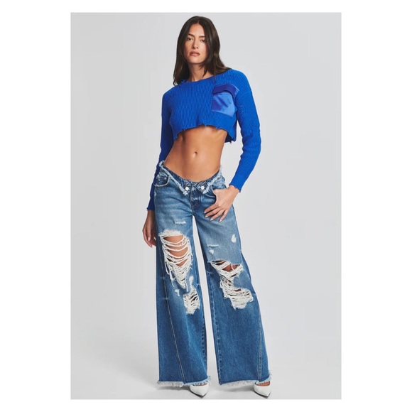 New! SER.O.YA “Ollie” Fold Over Wide Leg Distressed Jeans in Bayside Blue - Picture 3 of 13